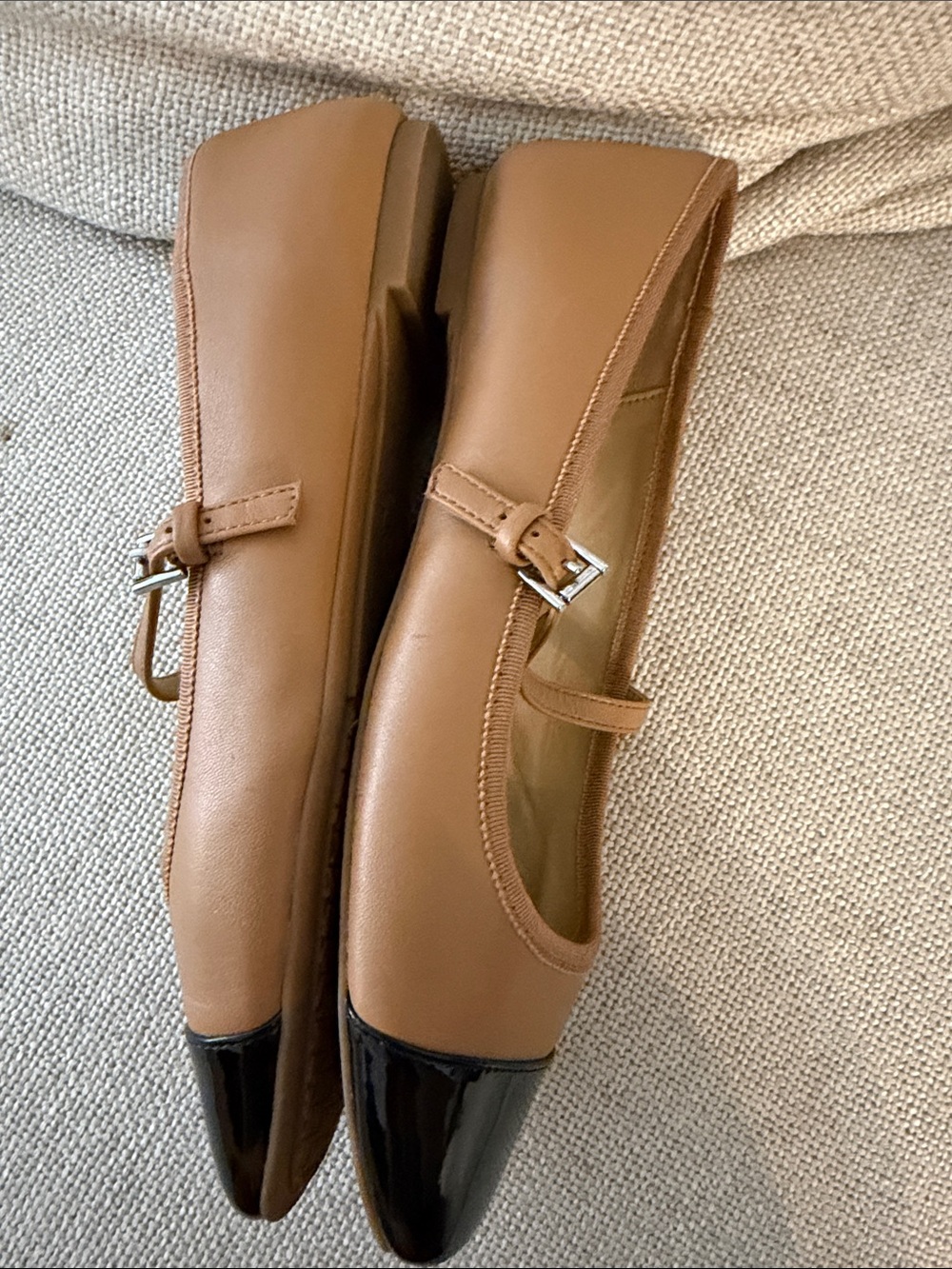 Michael Kors Tan Leather Mary Jane Flats with Black Patent Cap Toe - Picture 5 of 12